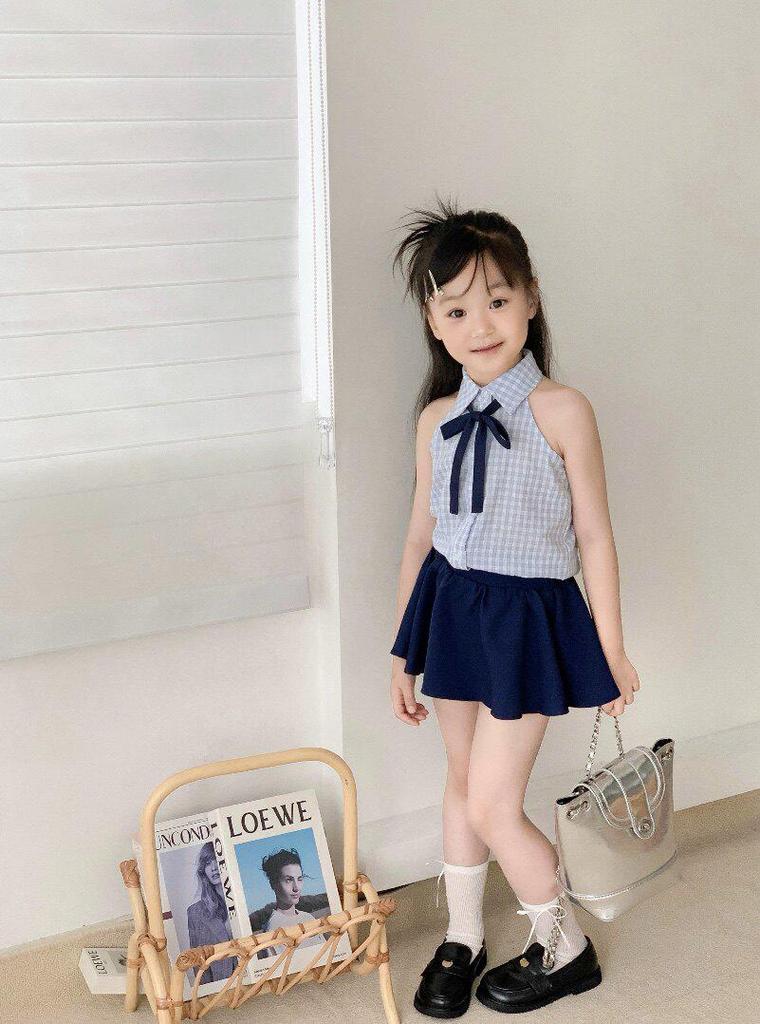 Girls' Summer Plaid Halter Set – Navy Skirt & Shirt