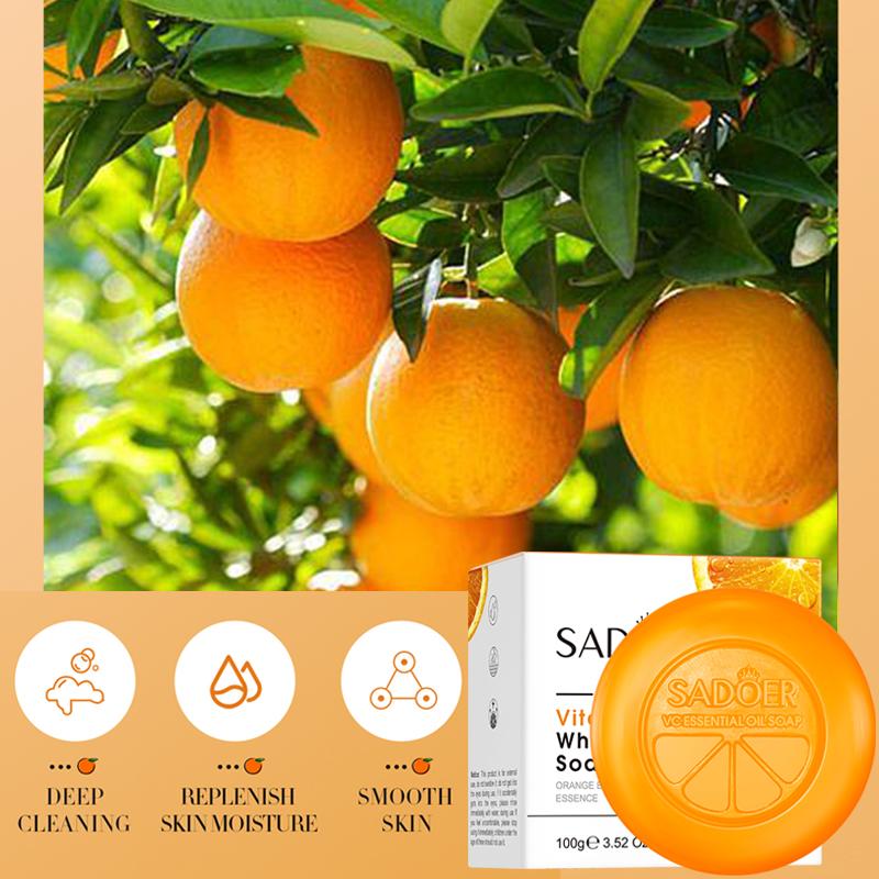 SADOER Vitamin C Cleansing Soap 100g, Orange Extract Gentle Bar Soap for Face & Body, Mild Cleansing, Non-tight After Washing