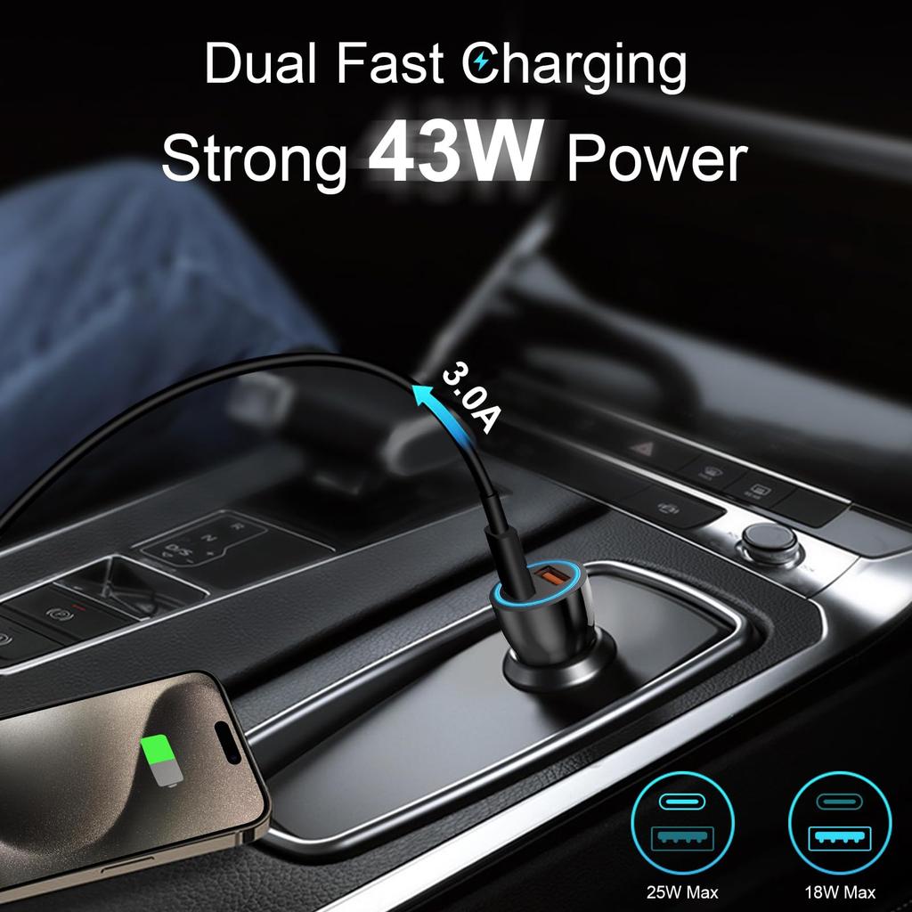 43W Fast Car Charger for iPhone 16 15 Pro Max, MFi Certified PD USB-C & QC 3.0 Adapter with 3.3FT USB C Cable