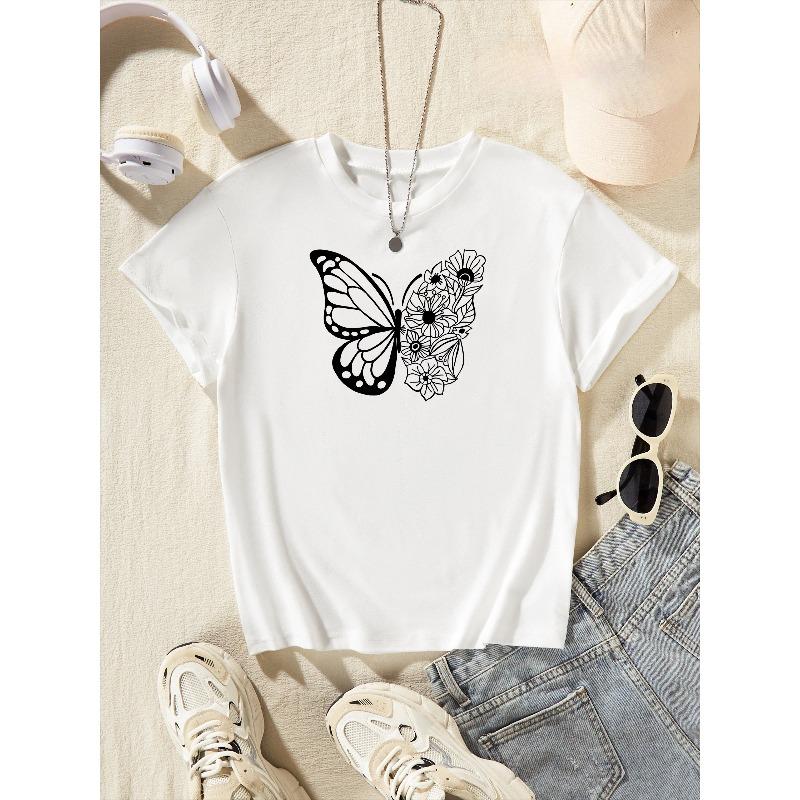 

European sizes Girls Summer Round-Neck T-Shirt with Butterfly Wing & Flower Print - Casual Short Sleeve Blouse for 98cm белый