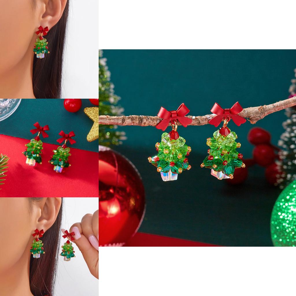 Christmas Jewelry Girls Alloy Red Bow Christmas Tree Earrings With Sparkling Decor For Holiday Fashion