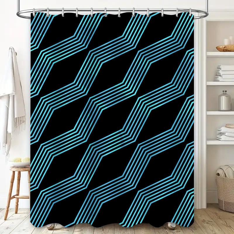 Modern Lines Shower Curtain Blue Black Geometric Pattern Waterproof Fabric For Bathroom Decor (59X72 Inches)