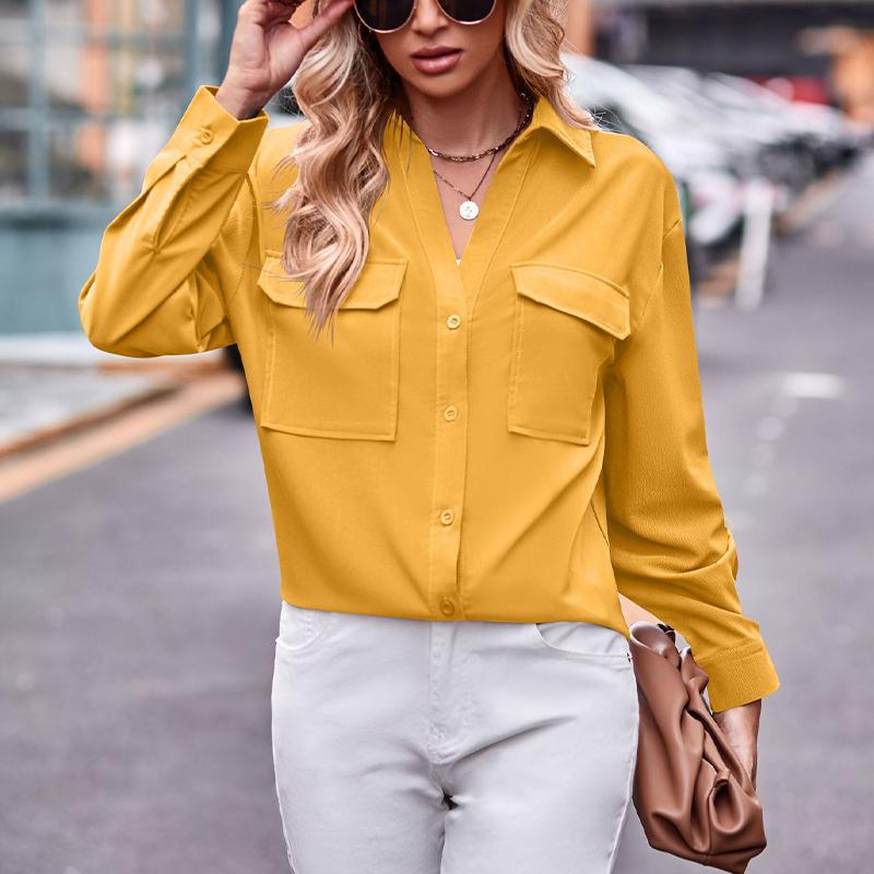 Damen Langarmhemd mit zwei Taschen Übergröße Einfarbig Lässig zum Knöpfen Bluse