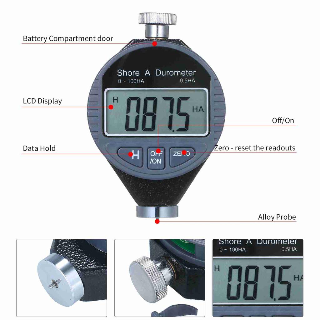 Portable 0 100HD Shore D Hardness Tester Meter Digital Durometer Scale for Rubber Tire Plastic Flooring with Large LCD