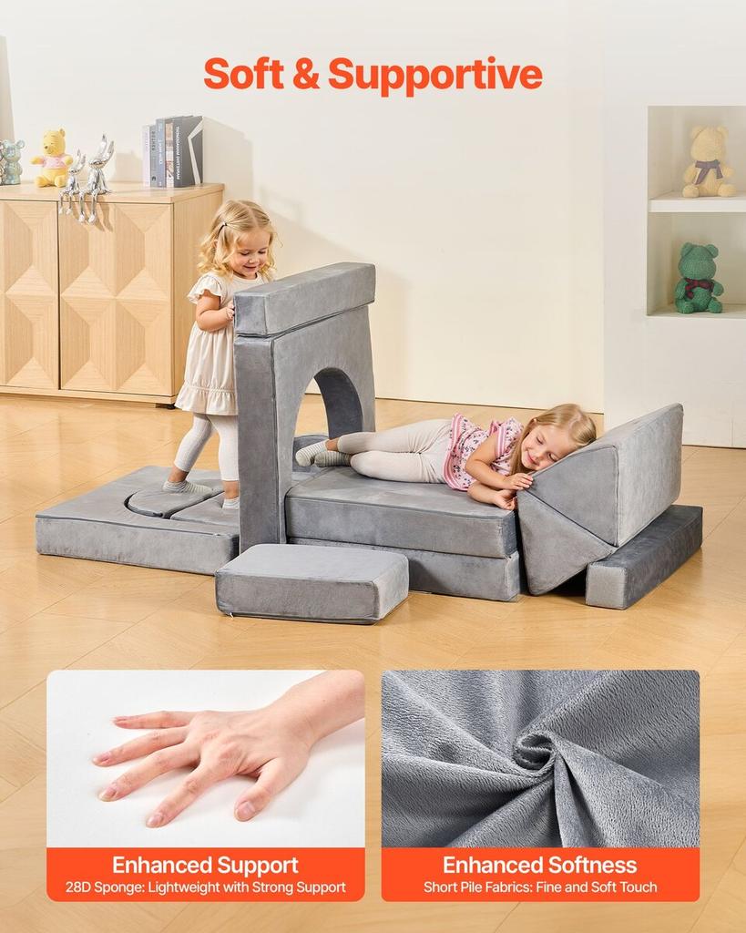 Modular Kids Play Couch, Sectional Toddler Sofa with Armrests, 28D Sponge & Short Pile, Convertible Kids Modular Couch DIY Creative Combination for