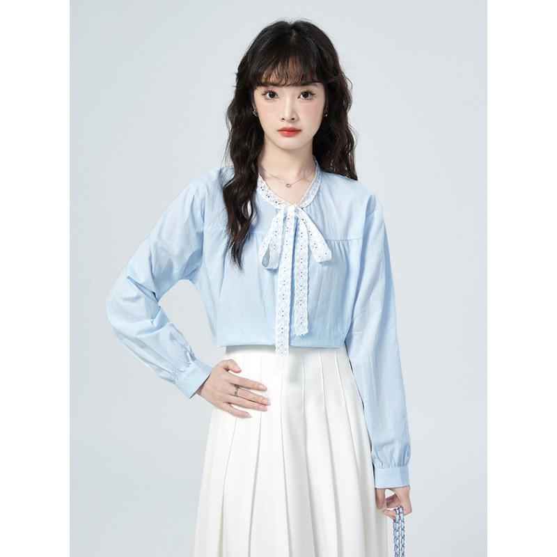 2026 Spring Lace Tie Loose Collar Long Sleeve Women's Shirt