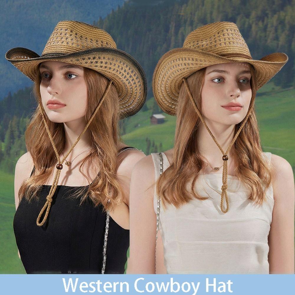 Classic Summer Sunscreen Straw Hat Wide Brim Hollow Out Western Cowboy Hat Retro Ethnic Style Sun Hat for Women Men