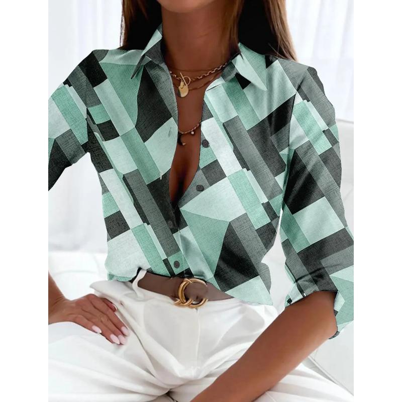 Women's Shirts Elegant Vintage Fashion Geometric Autumn Lapel Neck Blouse Womens Tops Long Sleeve Printed Shirts Womens Clothing