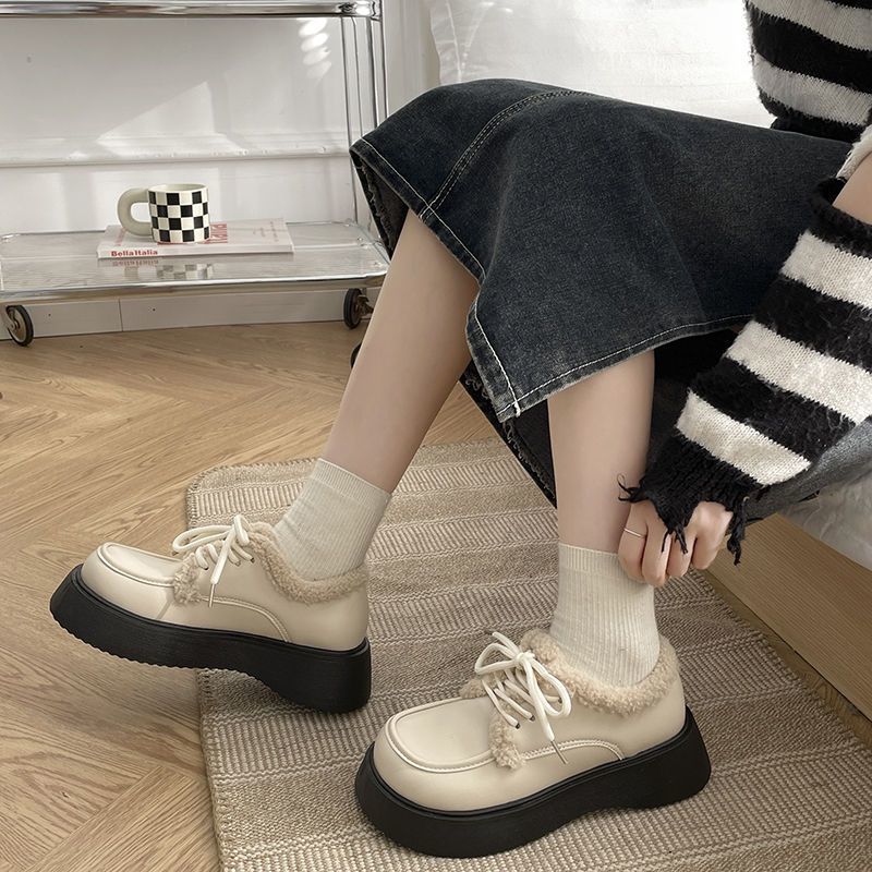 Japanese brown velvet small leather shoes for women's 2025 new autumn and winter college style thick-soled big head versatile lace-up cotton shoes