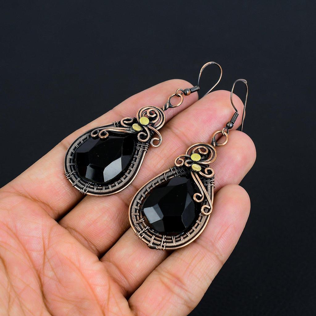 Black Spinel Earrings, 999 Copper Wire Wrapped Earrings Handmade Gemstone Jewelry, Gifts For Wife Brand New Earrings