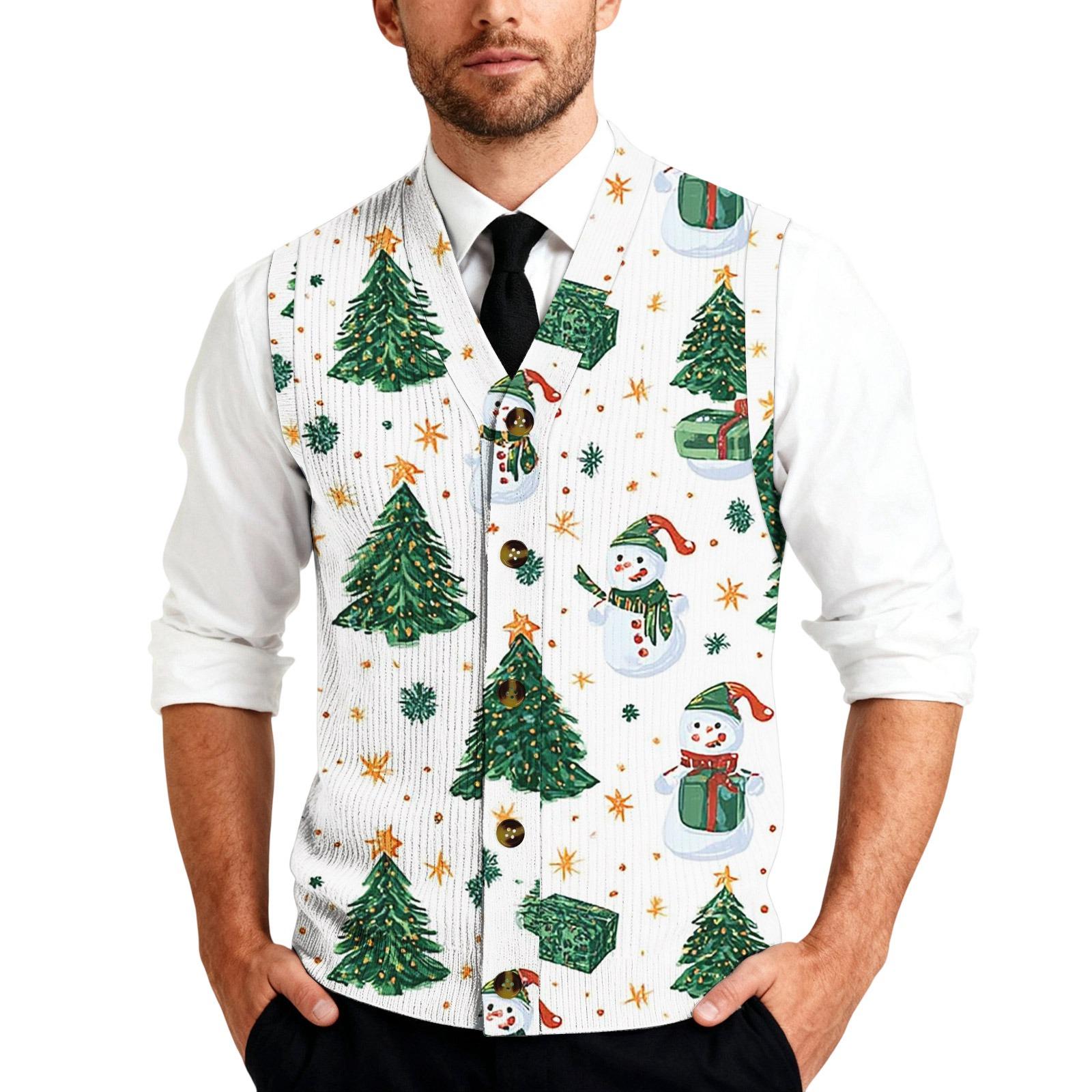 

Mens Printed Vest with Cat and Tree Pattern Button Down V Neck Sleeveless Formal Suit for Holiday Events M зелёный
