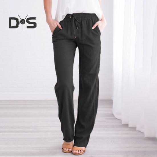 Damen Freizeithose, elastischer Kordelzug in der Taille, lange Hose mit Taschen, einfarbig, lockere Passform, Hose mit weitem Bein