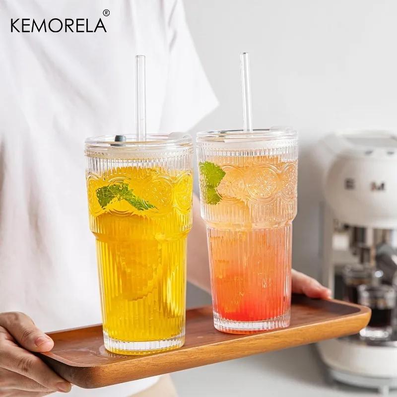 1/2PCS 600ML Floral Glass Tumblers Coffee Cup With Lid and Straw Transparent Drinking Glasses for Juice Coffee Mugs Drinkware
