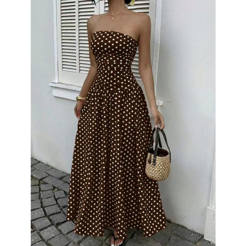 2026 Summer Off Shoulder Polka Dot Dress New Sexy Elegant Strapless Waist-cinching Slim Fit A-line Party Evening Dress Sweet Pleat Fashion Clothing