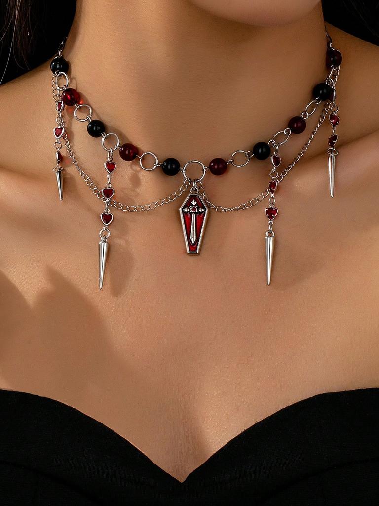 Vampire Gothic Spiked Necklace, Deep Red Enamel Coffin Pendant, Halloween Women'S Necklace Jewelry