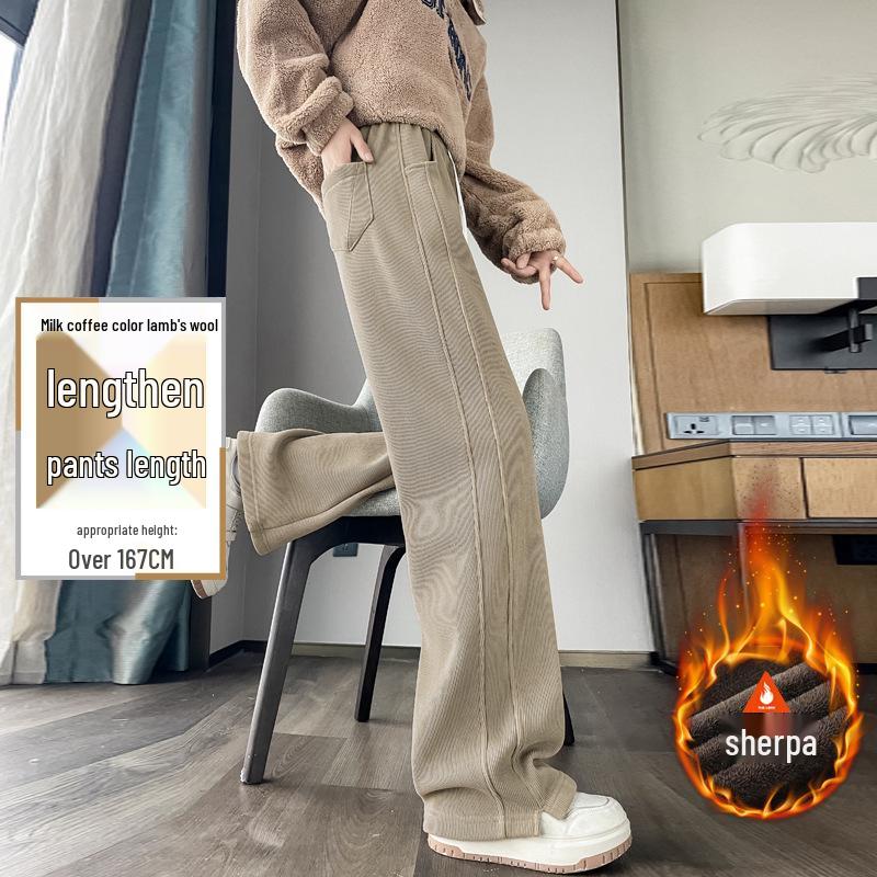 Women's Lambswool Wide-Leg Sweatpants, Autumn/Winter Narrow Straight-Leg, Tall Plus Velvet, Extra Length, Outerwear Cotton Pants.