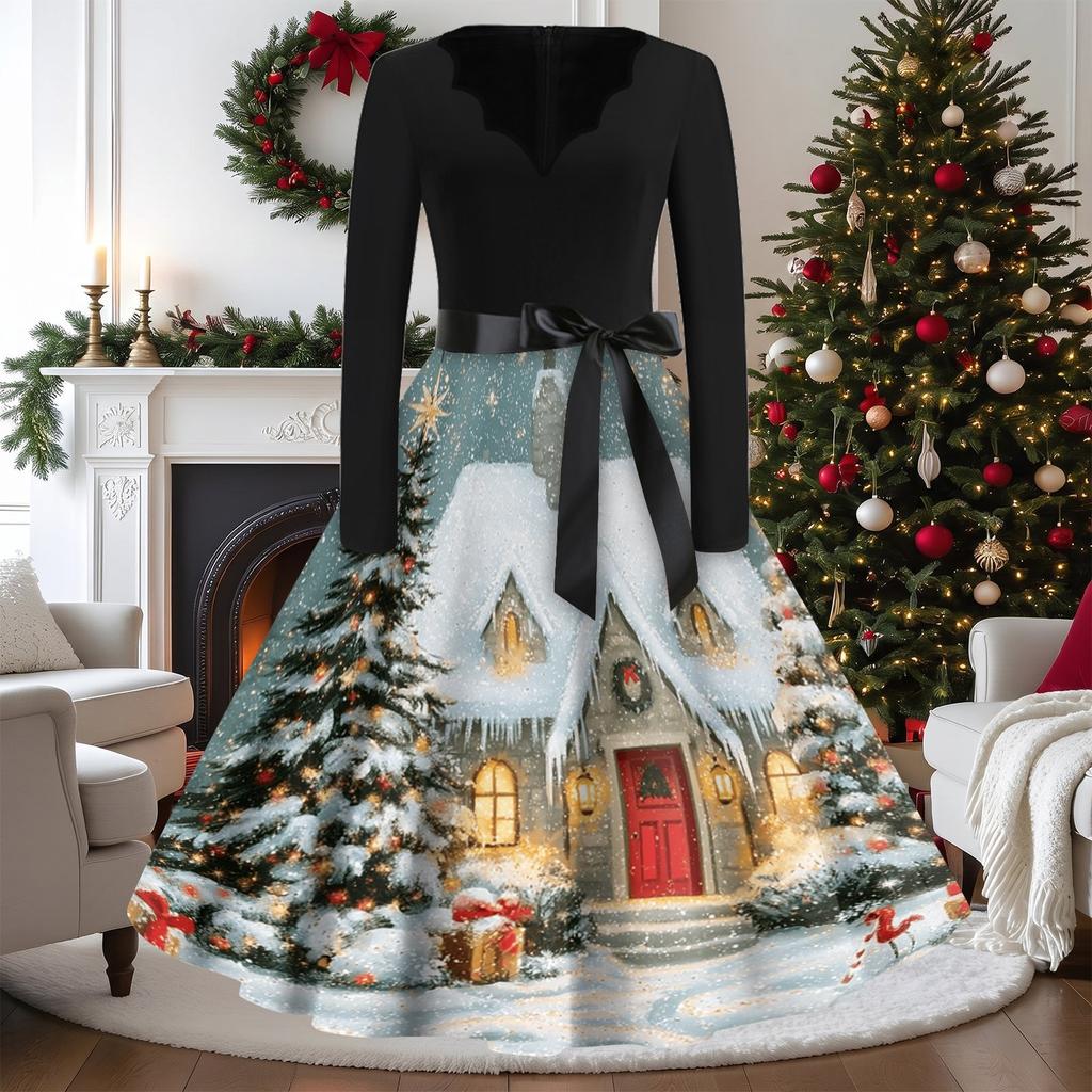 Women's Casual Vintage V-Neck Long Sleeve Dress with Christmas Print for Holiday Party