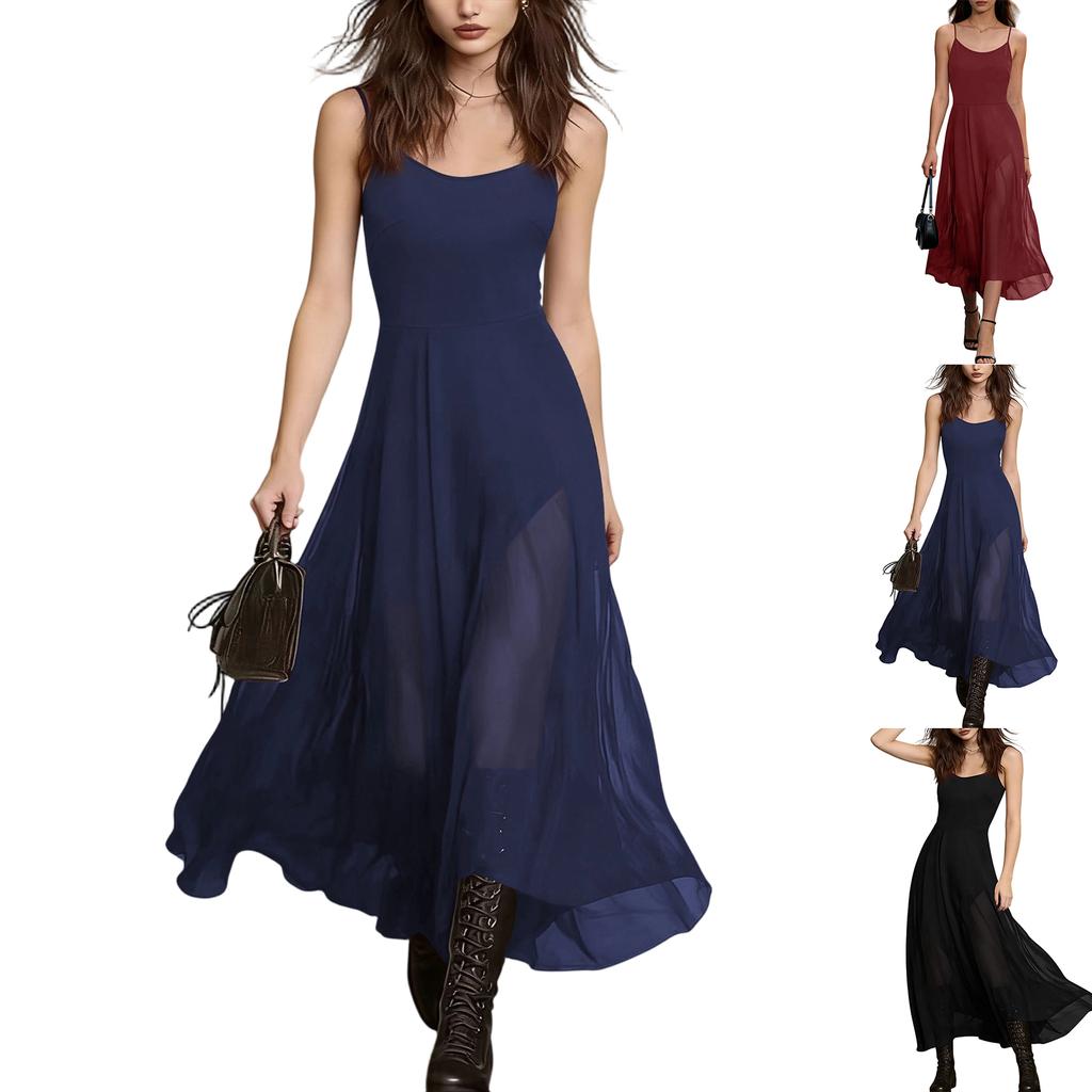 Women's Slim Fit Backless Spaghetti Strap Dress Elegant Sleeveless Long Dress with V Neck and Scalloped Hem for Casual and Formal Wear