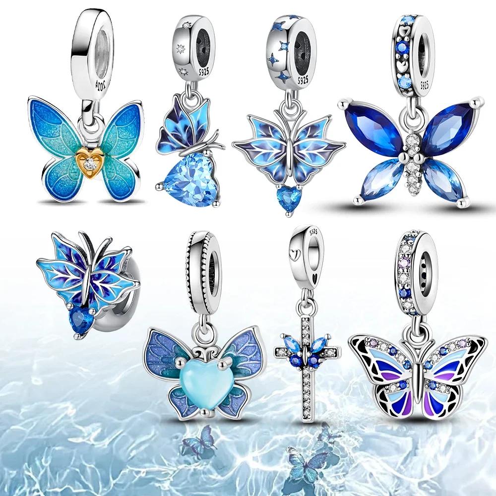 Genuine Copper Charm Gradient Ice Blue Butterfly Shape Charm For Original Fashion Bracelet Charm Women'S Beaded Piece Jewelry