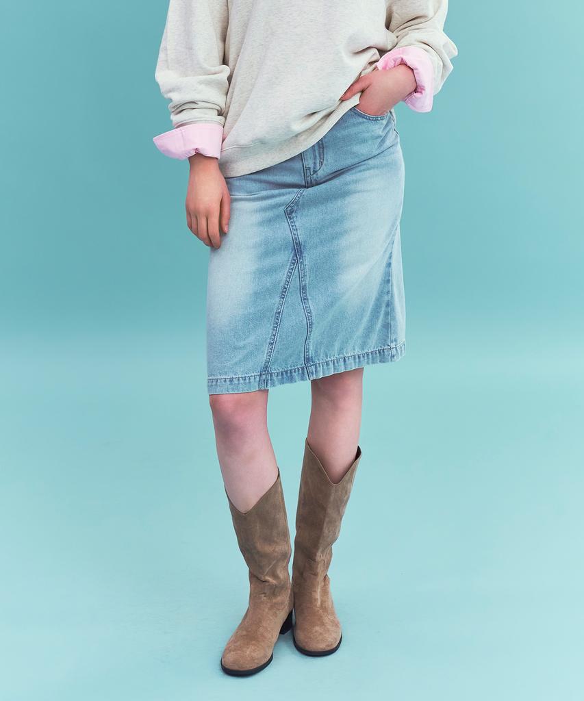 Seteo (W) Washed Denim Midi Skirt Light Blue