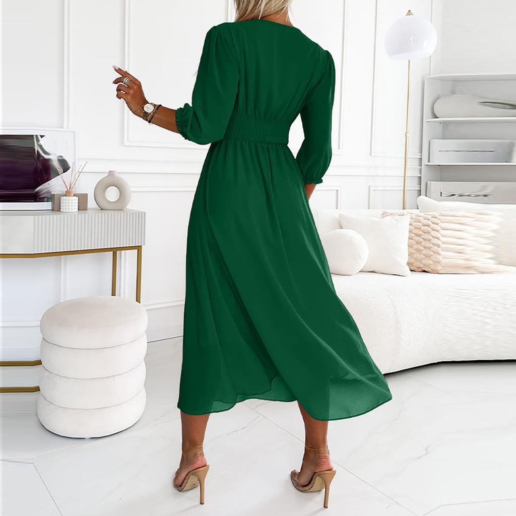 Damen Locker Bequem Lässig Modisch Tailliert V-Ausschnitt Einfarbig Großer Schwung Sexy Kleid