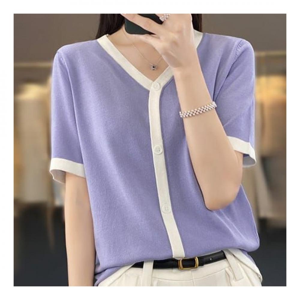 NaVaVa Unisex Simple Basic Line V Neck BuTTon ShorT sleeVe KniT T Nk1425