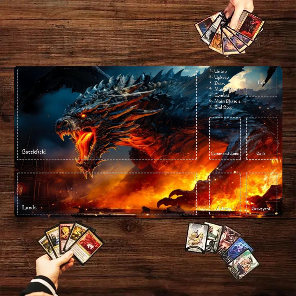 Epic Hellfire Lava Dragon Volcanic Mountain Storm Art TCG Playmat 35X60CM MTG Duel Mat Non-Slip Stitched Large Desktop Mat