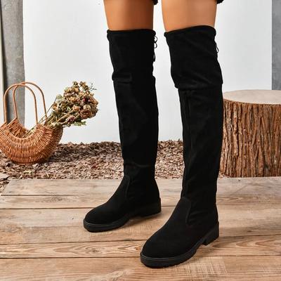 2024 Heißer Verkauf Schuhe für Damen Ärmel Damenstiefel Frühling Herbst Runde Zehe Wildleder Uni Hoher Schaft Klobige Absätze Übergröße Stiefel