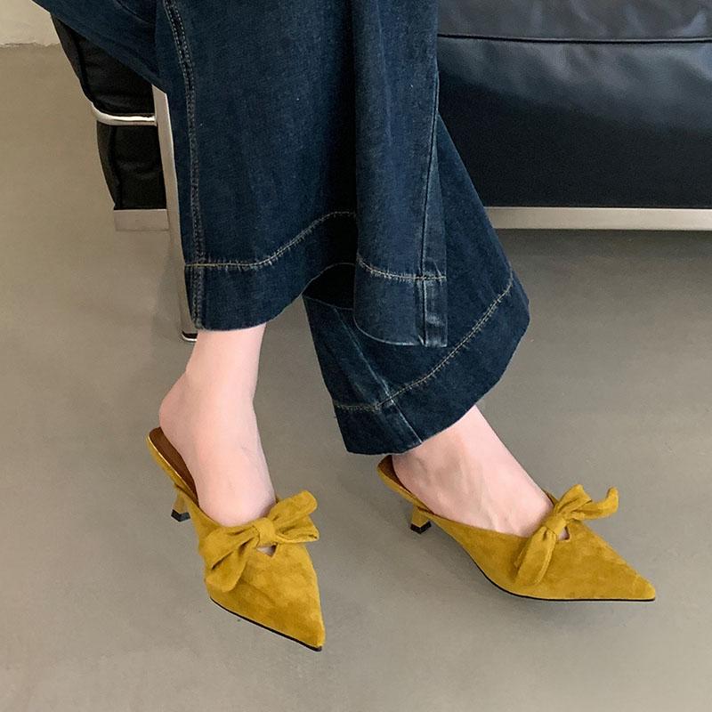 Fashion Footwear Shallow Ladies Heels Pumps Slides Butterfly-Knot Female Fashion Pointed Toe Elegant Women Heeled Sandals Shoes Mules