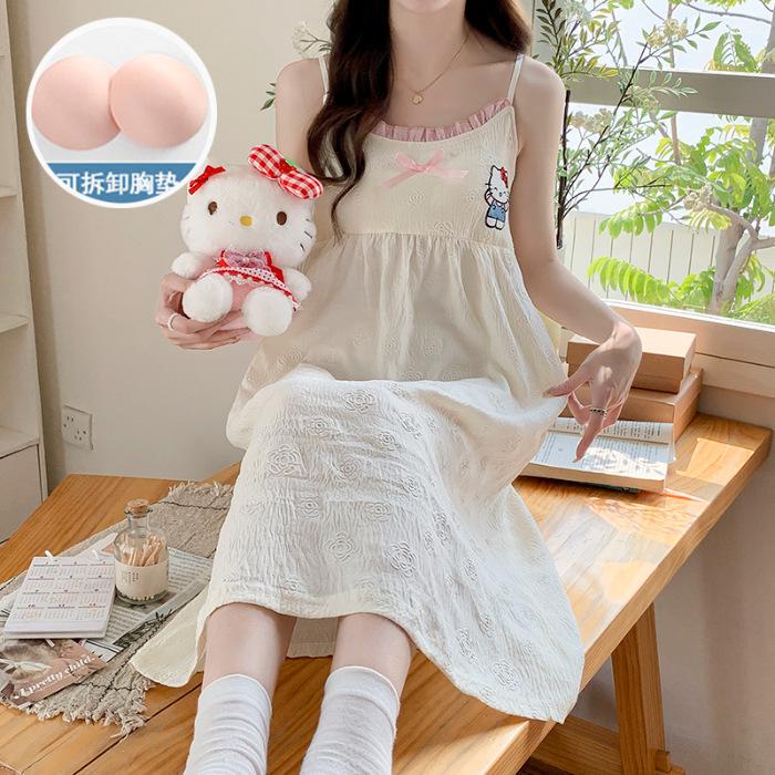 Summer New Woven Embossed Cloud Cotton Suspender Nightdress Women with Chest Pad Girl Loose Large Size Loungewear Long Dress