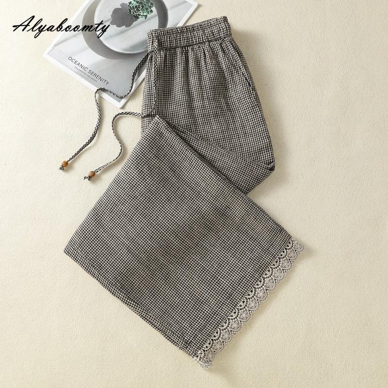 Korean Style Summer Women Wide Leg Pants Drawstring High Waist Plaid Straight Trousers Vintage Hollow Out Lace Patchwork Pants