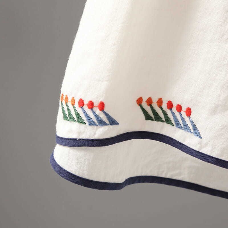 Women's Cotton Linen Casual Embroidered T-shirts Summer O Neck Short Sleeve Loose Tops