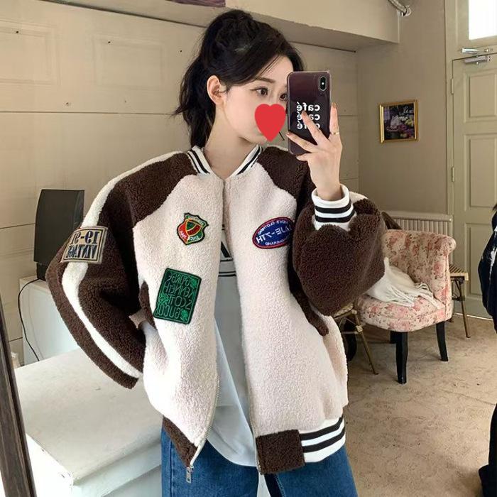 European Women s Lambswool Baseball Jacket - Autumn/Winter Color Block Patchwork M бежевый