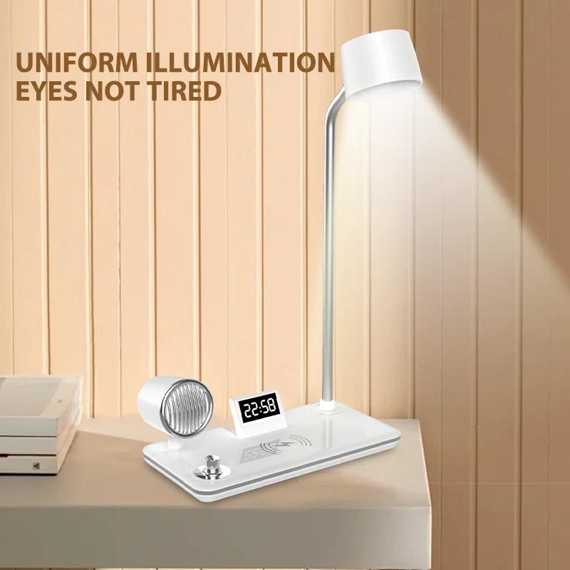 Multifunktionale LED-Schreibtischlampe Kabelloses Ladepad Ständer Uhr Bluetooth-Lautsprecher Nachtlicht USB-Anschluss Nachtbeleuchtung