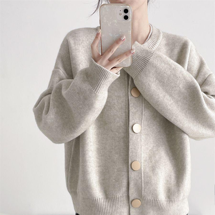 Thick Knit Single-Breasted Solid Color Cardigan - Loose Fit, Round Neck Small