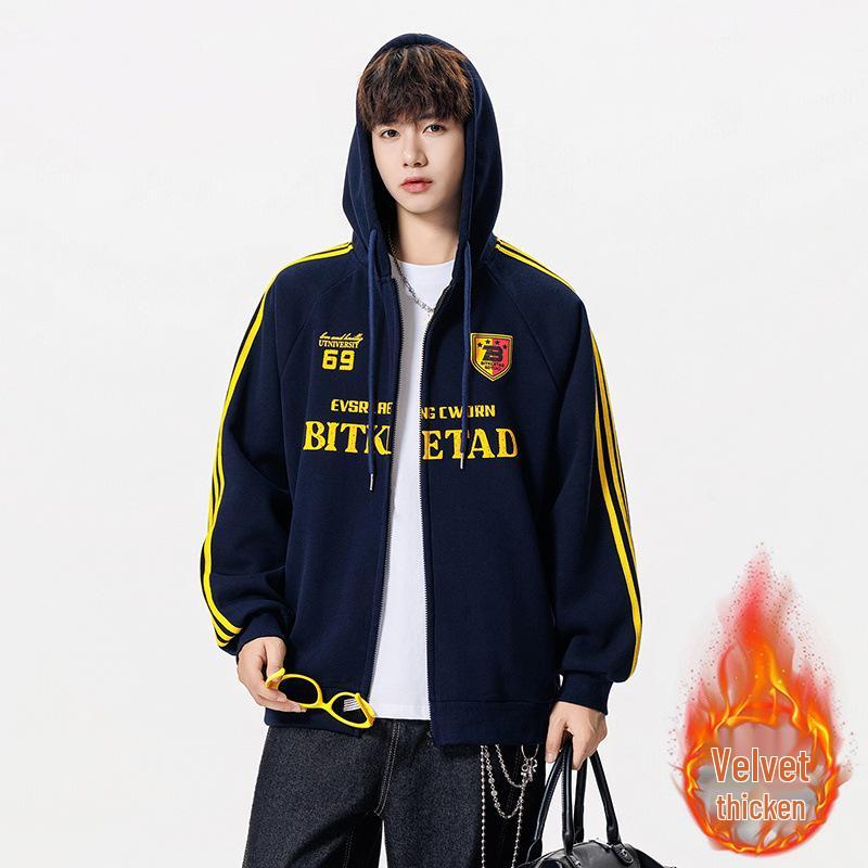 

2025 Men s Fleece-Lined Hooded Cardigan Color-Block Jacket: Trendy Autumn/Winter Outerwear 2XL (135-150 lbs)