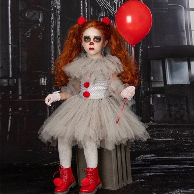 3Pcs Kids Girls Scary Halloween Clown Costume Clown Cosplay Costume Dress Gloves Red Hairpin Clown Makeup Kit Gifts