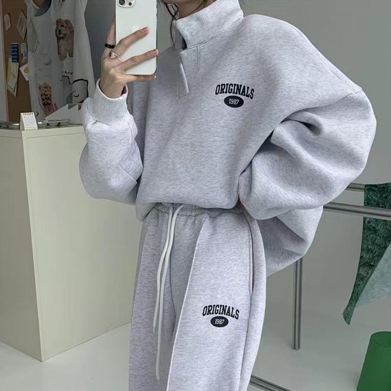 Women's 2024 Autumn/Winter Fleece-Lined Sweatshirt & Sweatpants Set - Fashionable Casual Two-Piece for Running or Sports