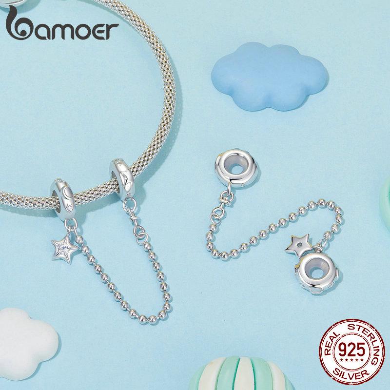 BAMOER 925 Sterling Silver Star and Moon Safety Chain Fit Bracelet for Women Gift Jewelry