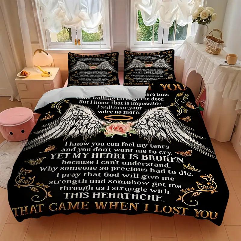 3pcs Angel Wings Memorial Poster Duvet Cover Set, Cover For Bedroom Guest Room (1 Duvet Cover + 2 Pillowcase, Without Quilt),  yy250922192