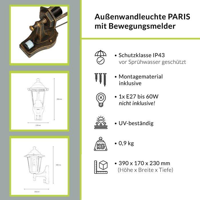 Applique extérieure - licht-erlebnisse - cx220913-pir-2 - cuivre antique - capteur de mouvement - ip44