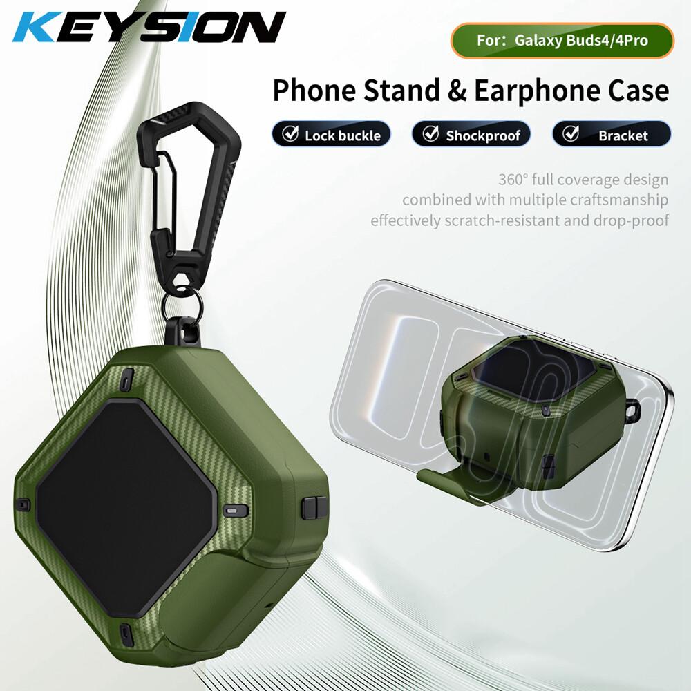 KEYSION Bluetooth Earphone Case for Samsung Buds 4 Pro Silicone+PC With Phone Stand Hook Shockproof Cover for Galaxy Buds4 4 Pro