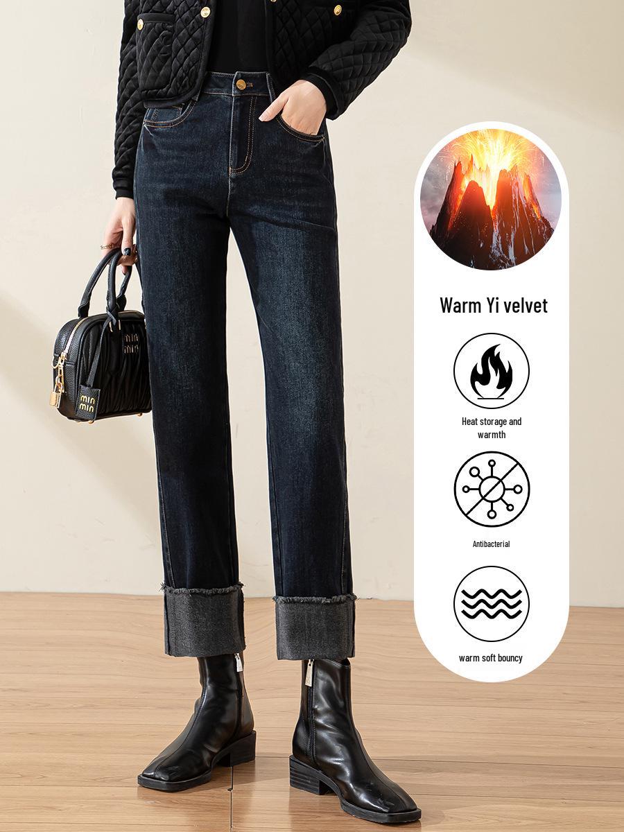 

Женские брюки-сигареты Xin Ge 2025 с высокой посадкой, флисовой подкладкой и эффектом похудения 27 чёрный