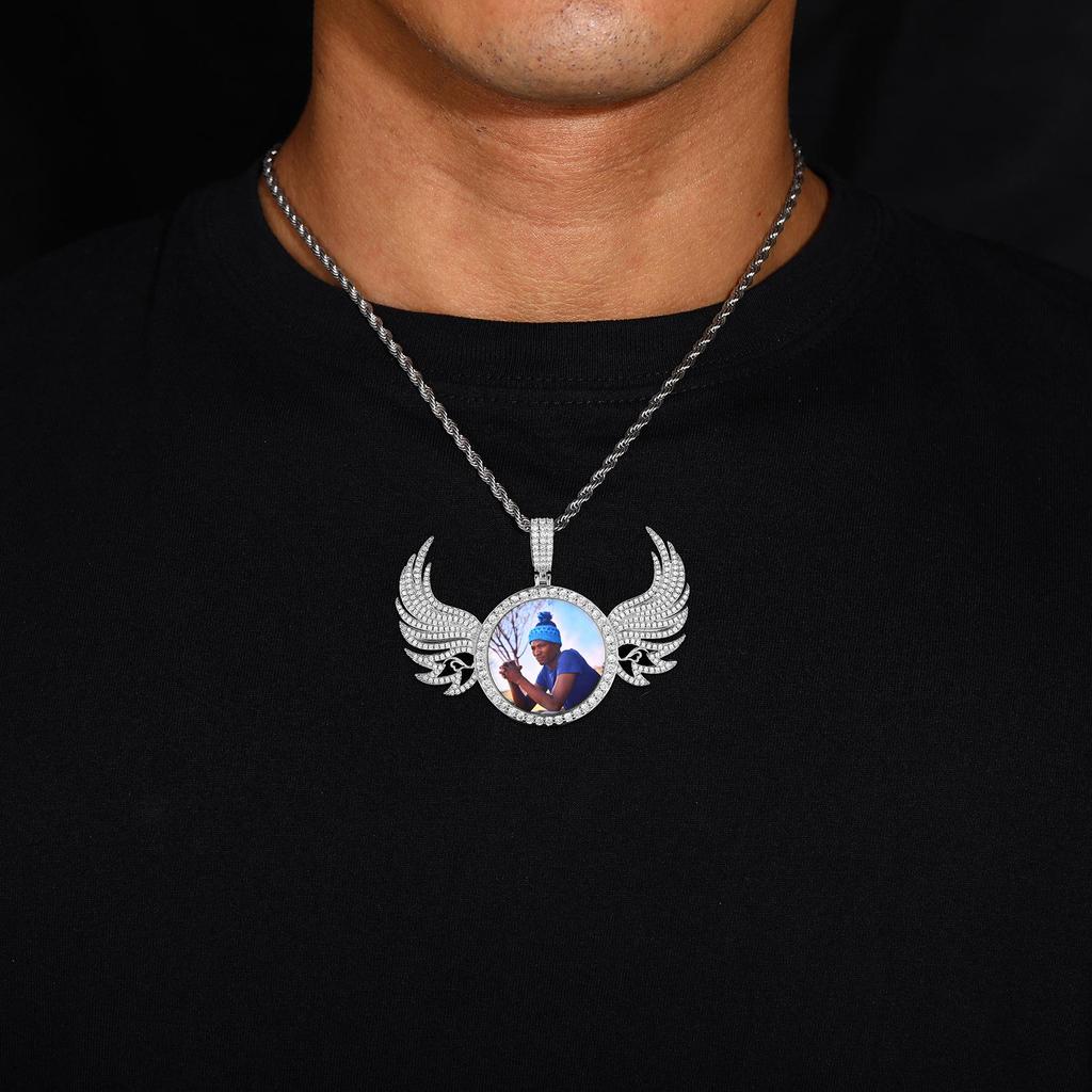 European & American Hip Hop Zircon Wing Photo Frame Pendant Necklace