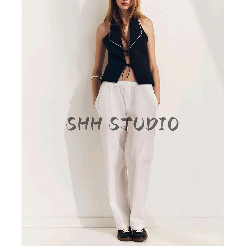 25 Spring New Women's Clothing American V-Shaped Neckline Bowknot Decoration Patchwork Hanging Collar Tops 2119550