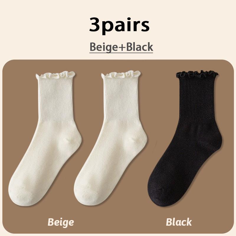Ruffle Socks for Women 3pair /Lot Mid Crew Middles Tube Ankle High Breathable Black White Calcetines Female Spring Autumn Sock
