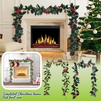 Simulated Christmas Leaf Red Fruit Cane 180cm, Christmas Home Green Plant Fireplace Decoration