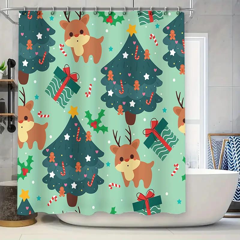 Christmas Shower Curtain with Reindeer Trees: Festive Decor for Your Bathroom Blue Green Xmas Holiday Print Bathroom Curtains Wa