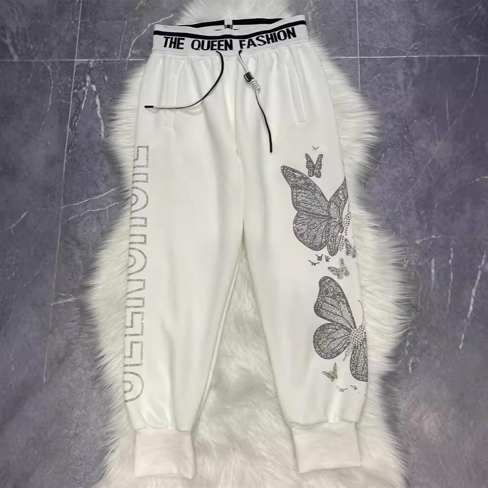 Plus Size Rhinestone Sparkly Sweatpants with Elastic Waist - Women's Autumn Winter Fashion