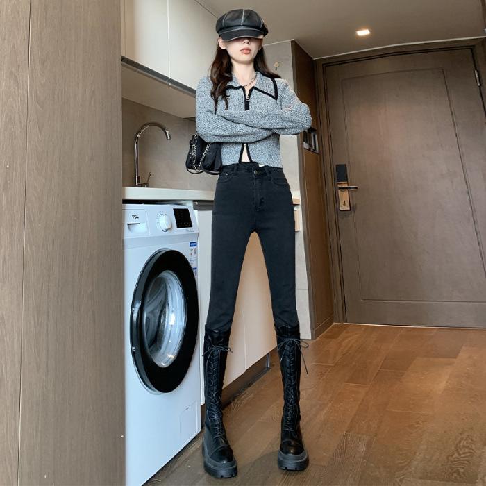 

Маленькие брюки Женские осенние джинсы с высокой талией Женские осенне-зимние высокие и тонкие облегающие эластичные брюки-карандаш 31